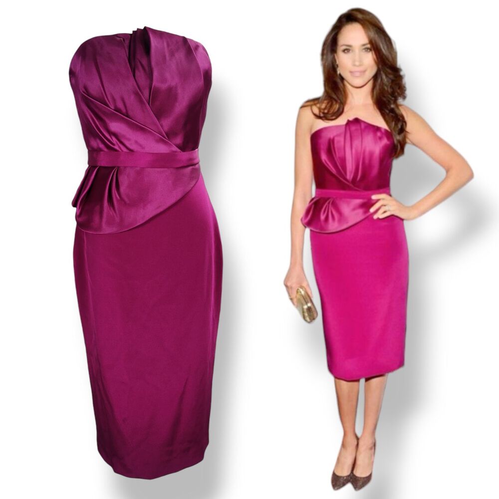 Marchesa Notte Midi Cocktail Dress Size 4 Fuchsia Silk Celebrity Style
